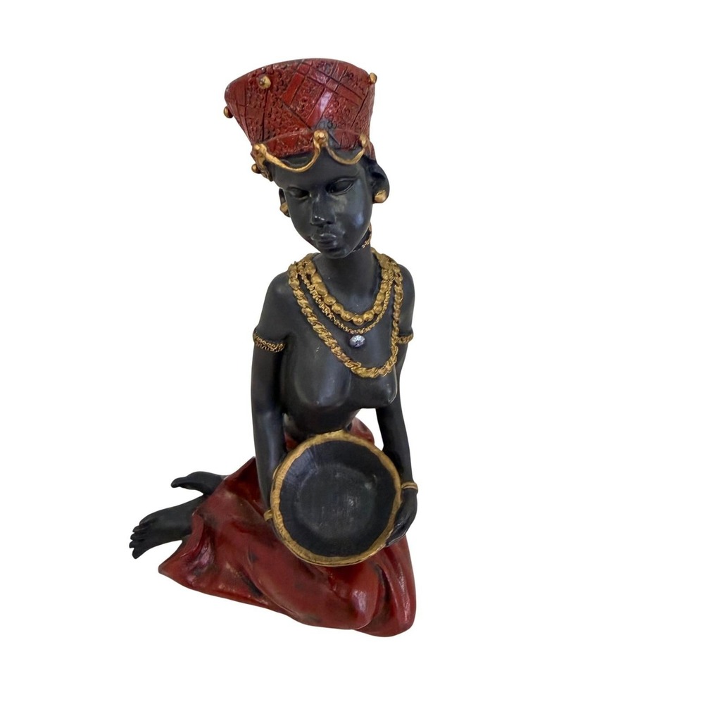 African Woman Figurine Home Decor Small Black Red Gold Seated Statue 5 1/4"